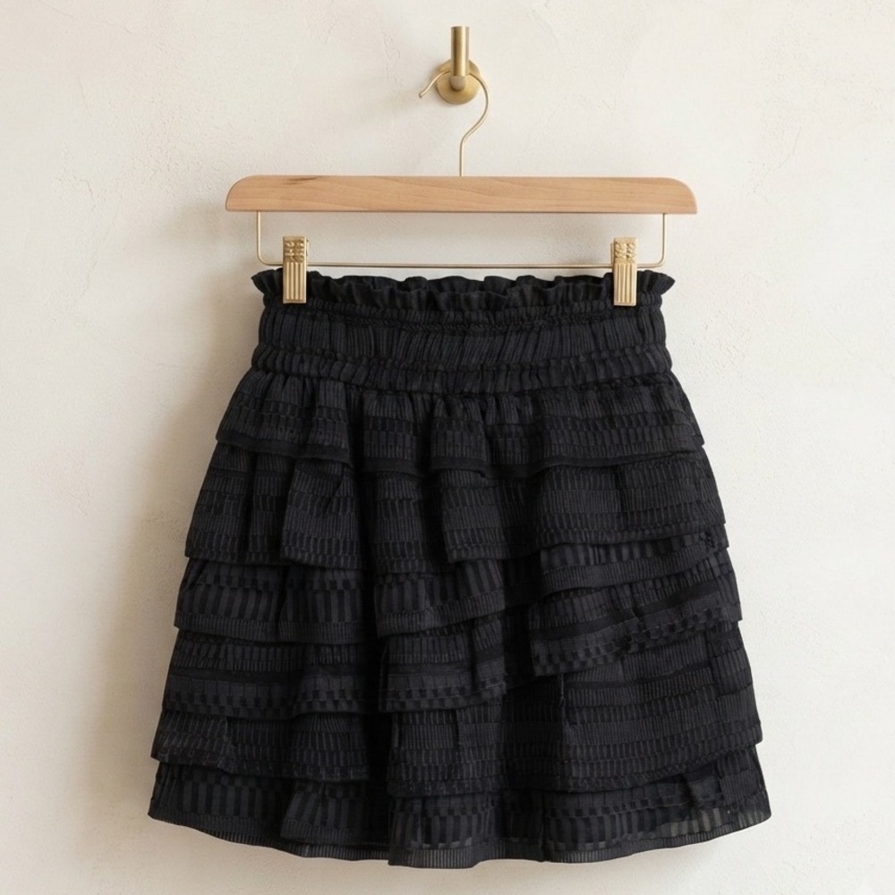 IRO Paris Delia Silk Cotton Tiered Ruffle Mini Skirt Blk Sz 34 Relaxed Textured